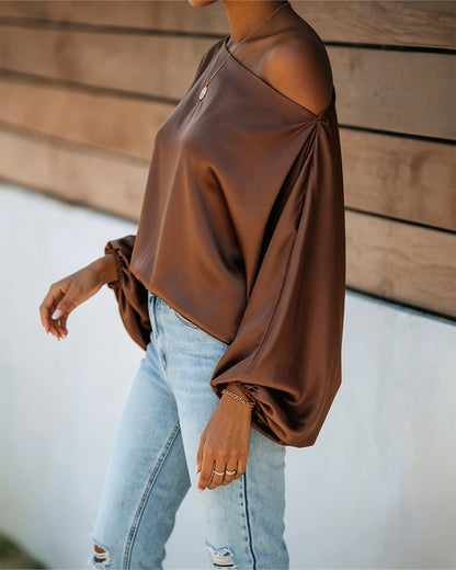 Women's Off Shoulder Satin Blouse Lantern Long Sleeve Shirt Casual Loose Fit Skew Neck Top