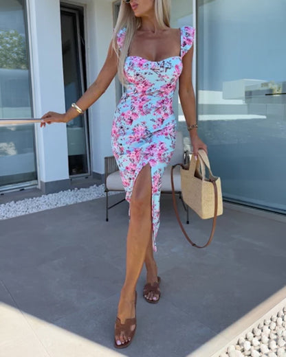 Women's Butterfly Floral Midi Dress Sweetheart Neck Flutter Sleeve Side Slit Sundress Backless Vacation Dress with Built in Bra