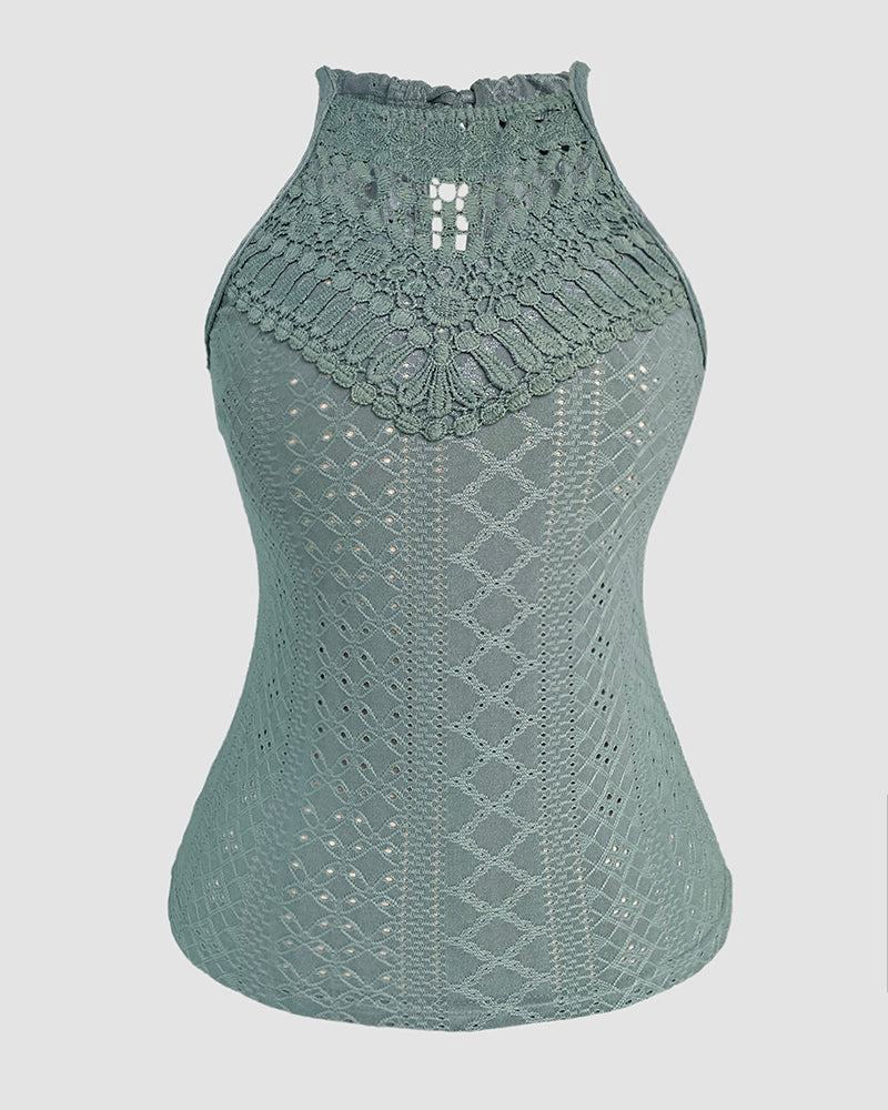 Halter Lace Up Water Soluble Lace Trim Sleeveless Tank Jacquard Casual Slim Fit Knit Top