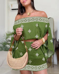 3 Pieces Outfit Boho Off Shoulder Split Sleeve Convertible Shoulder Top and Elastic Back Waist Skorts Set Casual Vintage Tribal Print Vacation Set with Bandeau
