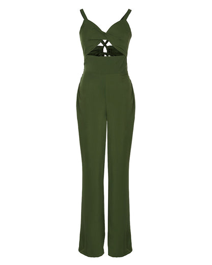 Women's Hollow Out Twist Front Jumpsuit Sexy Backless Criss Cross Tied Cami High Waist Straight Leg Overalls