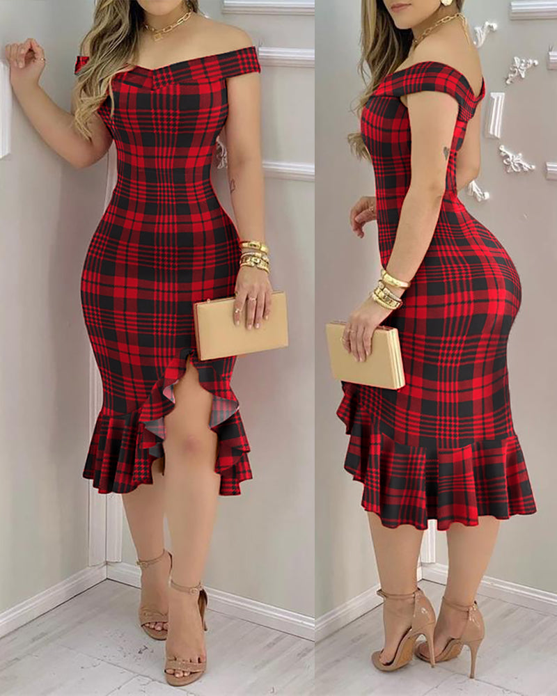 Plaid Off Shoulder Ruffle Hem Slit Dress