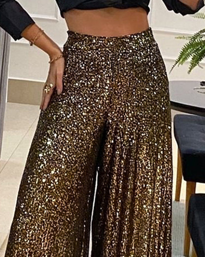 High Waist Allover Sequin Wide Leg Flared Nightout Party Pants