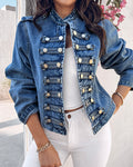 Button Decor Stand Collar Long Sleeve Jacket Casual Denim Coat