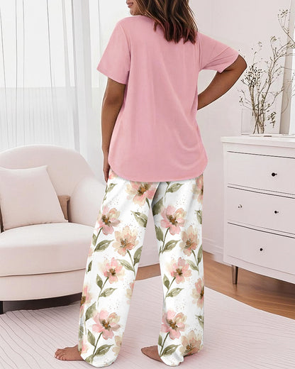 2 Pieces Outfit Faith Letter Print Short Sleeve Top and Watercolor Floral Print Elastic Waist Pants Set Casual Pajamas Set