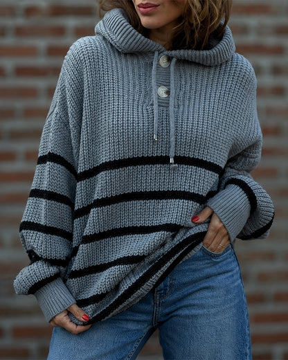 Women's Striped Henley Drawstring Hooded Sweater Loose Fit Lantern Sleeve Knit Pullover