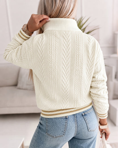 Women's Half-Zip Striped Trim Textured Sweatshirt Casual Drop Shoulder Top