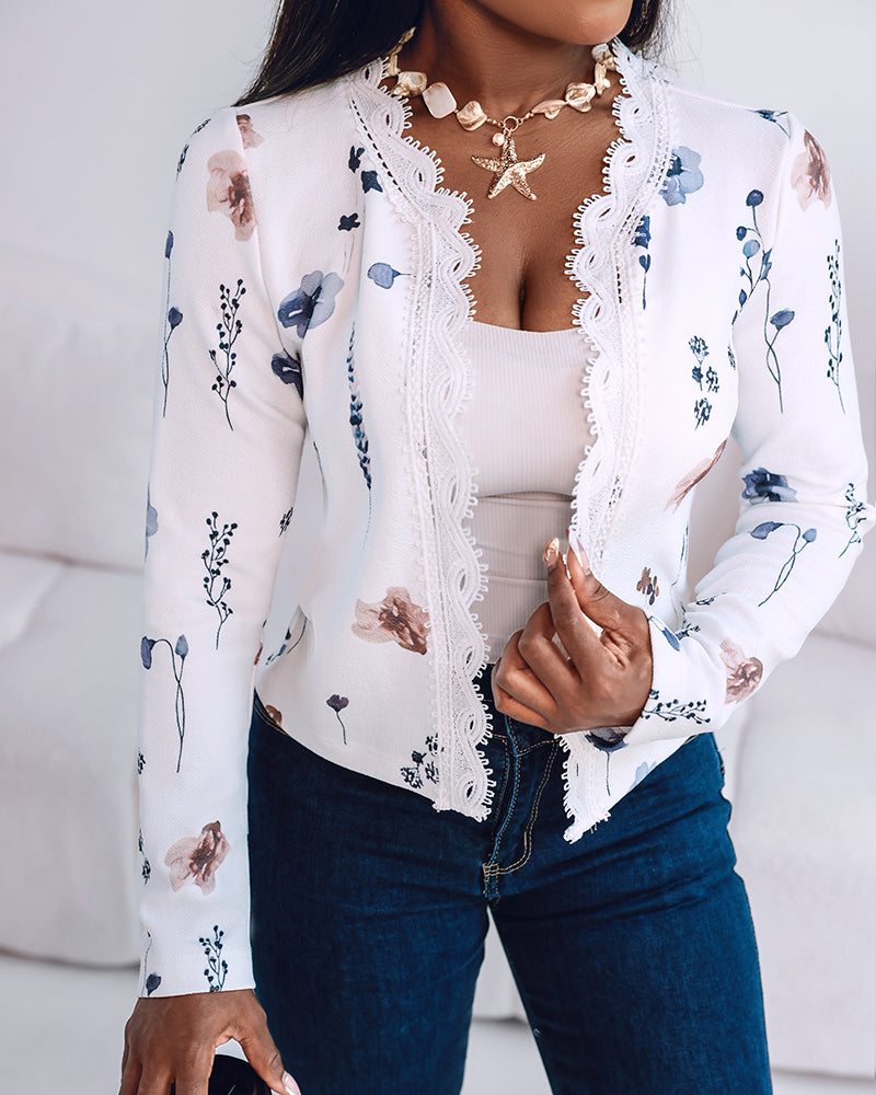 Floral Print Open Front Long Sleeve Casual Contrast Lace Short Cardigan