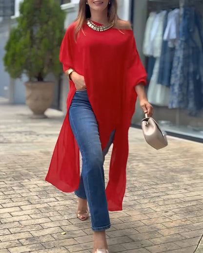 Women's Skew Neck Batwing Sleeve Tee Asymmetric Loose Cape Blouse Slit Elegant Top
