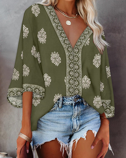Floral Print V Neck Long Sleeve Blouse Casual Loose Fit Top