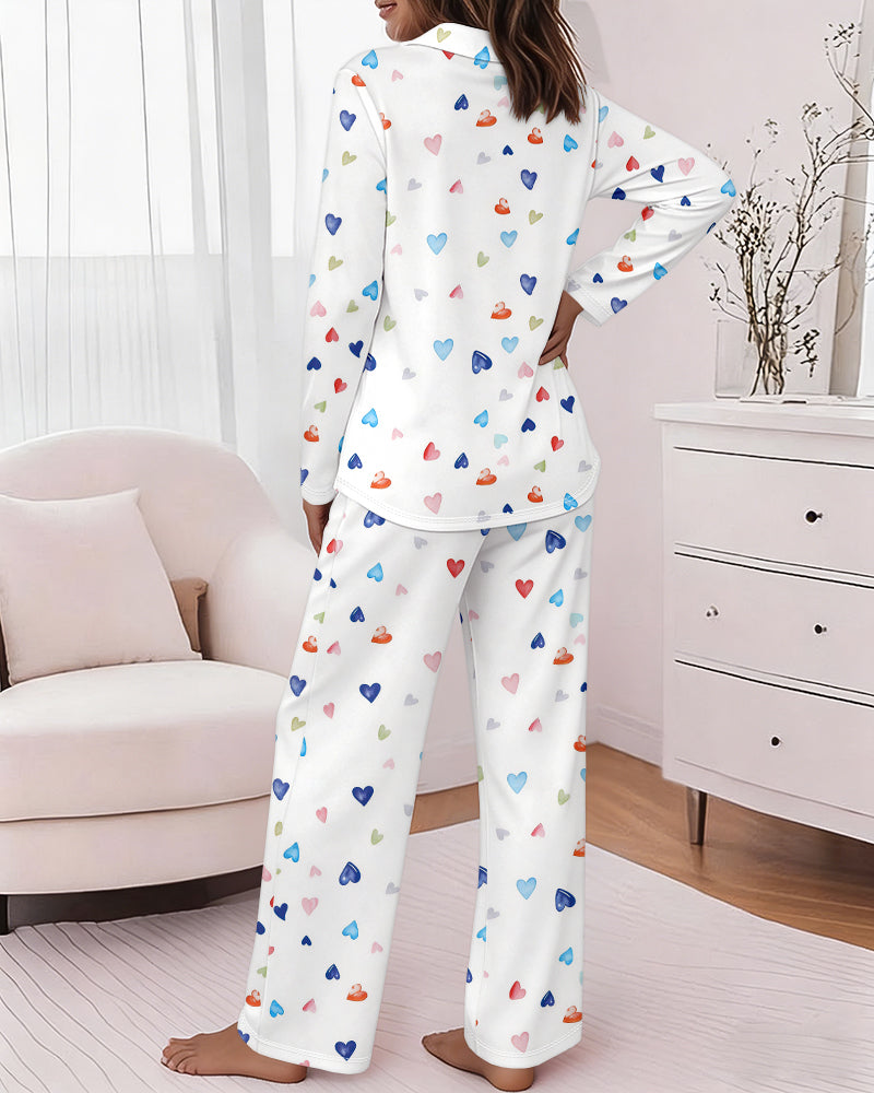Women's Colorful Heart Print 2 Piece Pajama Set Long Sleeve Button Down Top and High Waisted Pants Casual Lounge Sets