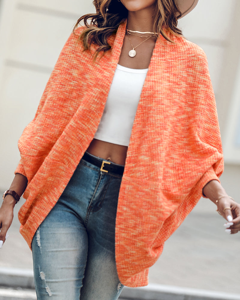 Colorful Waffle Knit Open Front Coat Batwing Long Sleeve Cardigan