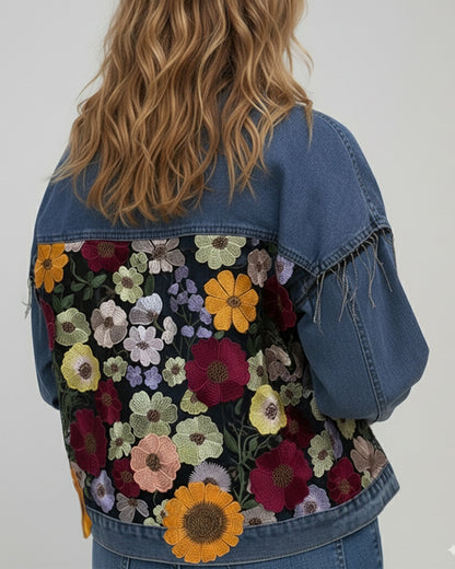 Colorblock 3D Flower Lace Embroidery Patch Denim Coat Casual Turn-down Collar Jacket