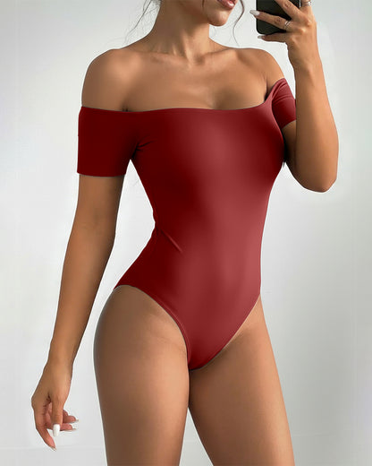 Off Shoulder Short Sleeve Minimalist Slim Fit Bodysuit