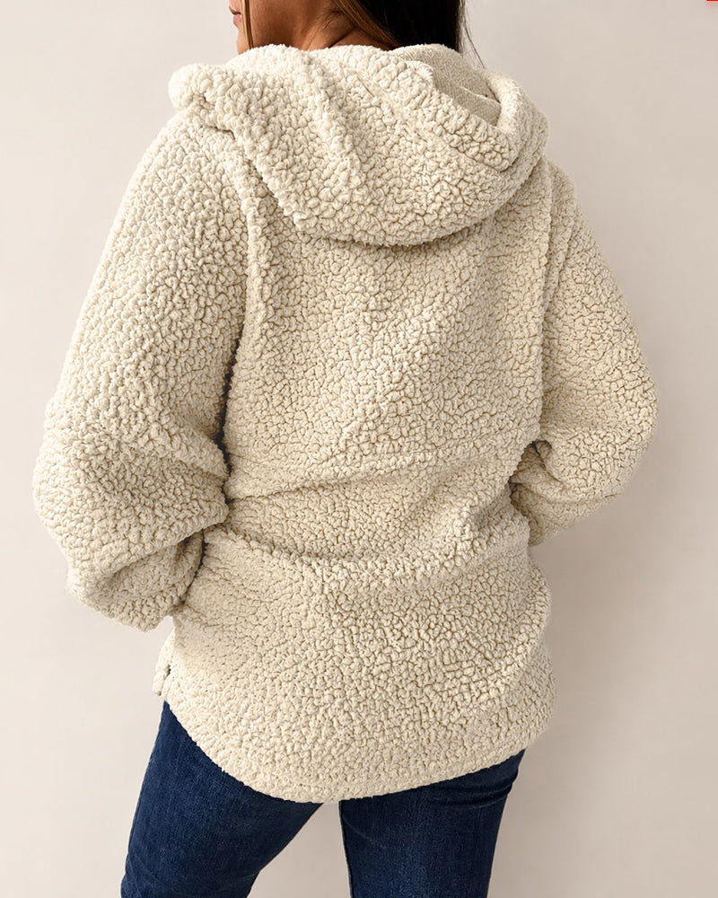 Women's Half Zip Oversized Fleece Hoodie Top Casual Drawstring Slit Hem Fuzzy Pullover Sweatshirt