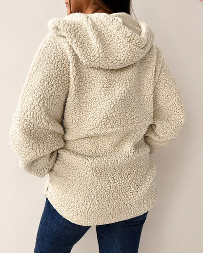 Women's Half Zip Oversized Fleece Hoodie Top Casual Drawstring Slit Hem Fuzzy Pullover Sweatshirt