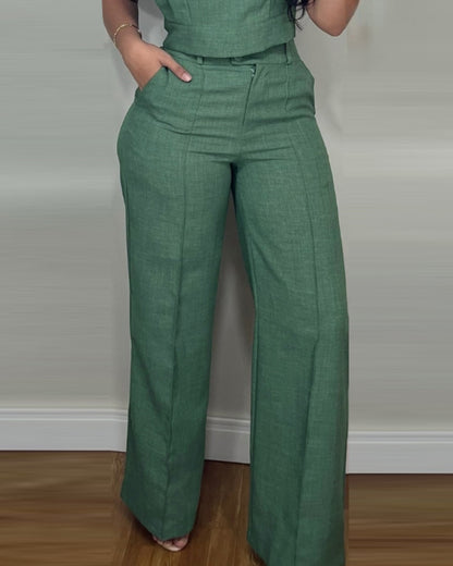 2 Pieces Outfit 3D Cutting Decor Design Cap Sleeve Hollow-out Back Crop Top and Casual Zipper Fly Seam Front Straight Pants Set