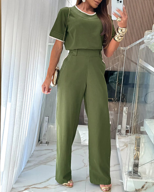 2 Pieces Outfit Short Sleeve Pullover Top and Elastic Waist Wide Leg Pants Set Casual Contrast Paneled Set