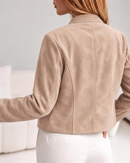 Women's Ethnic Braided Embroidered Faux Suede Stand Collar Snap Button Crop Jacket