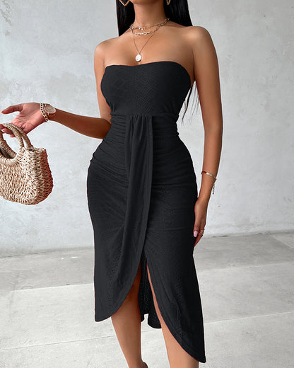 Sleeveless Ruched Cinched Waist Draped Bandeau Dress Eyelet Embroidery Slit Asymmetrical Hem Vacation Dress