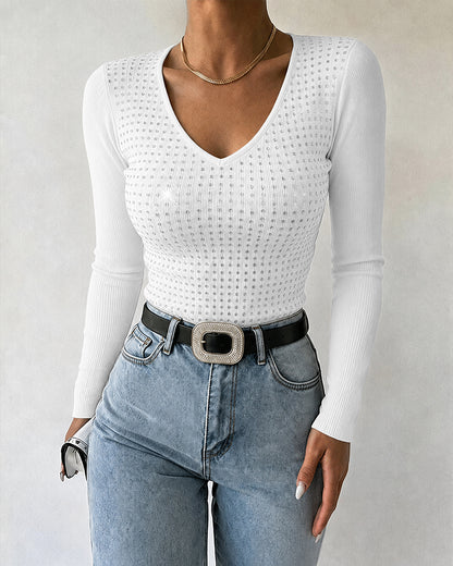 Top de manga larga con escote en V y brillantes para mujer, de punto acanalado, corte ajustado, ideal como prenda informal y para llevar en capas