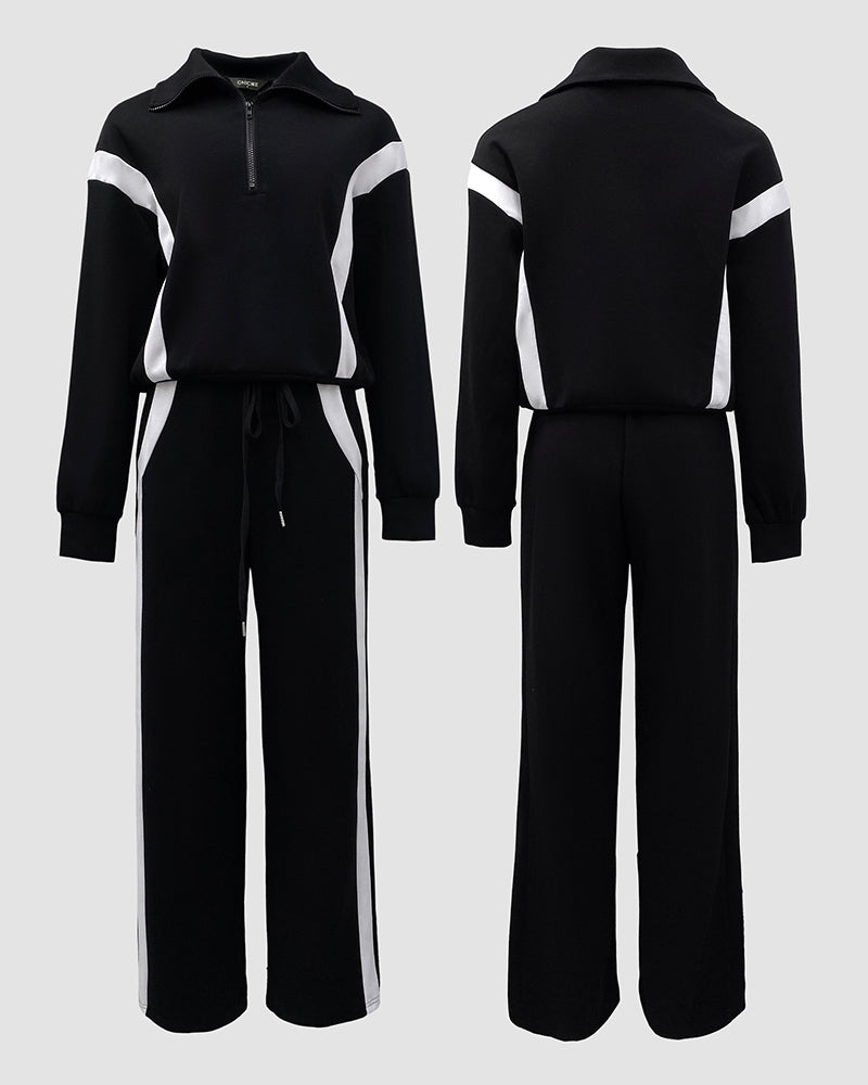 2 Pieces Outfit Half Zip Long Sleeve Top and Drawstring Elastic Waist Pants Set Casual Contrast Paneled Side Set