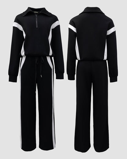 2 Pieces Outfit Half Zip Long Sleeve Top and Drawstring Elastic Waist Pants Set Casual Contrast Paneled Side Set