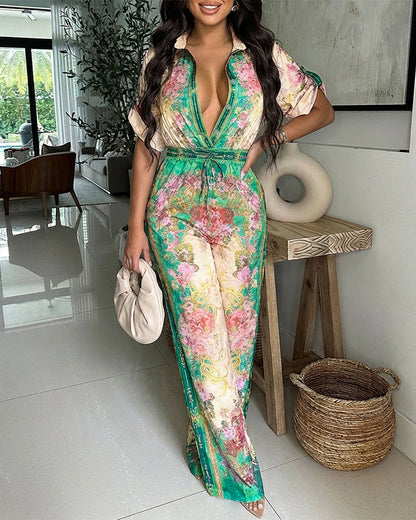 Vintage Floral Print Turn-down Collar Roll Up Sleeve Button Front Overalls Casual Drawstring Stretchy Waist Wide Leg Vacation Jumpsuit