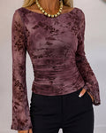Women's Vintage Flocked Floral Boat Neck Ruched Mesh Top Long Flare Sleeve Crop Pullover