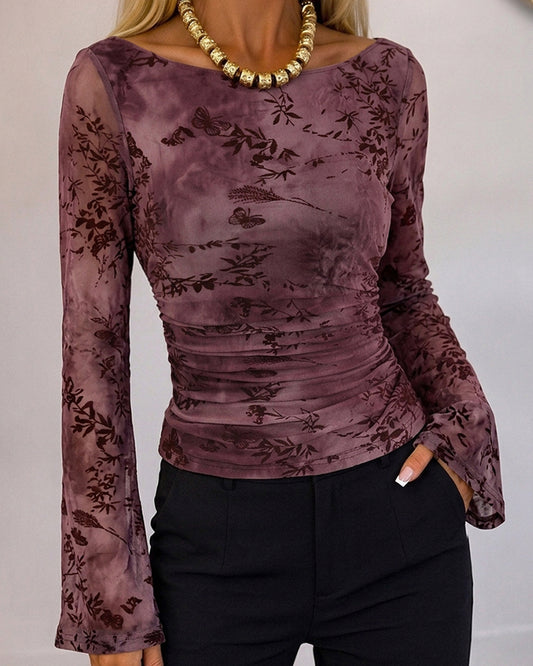 Women's Vintage Flocked Floral Boat Neck Ruched Mesh Top Long Flare Sleeve Crop Pullover