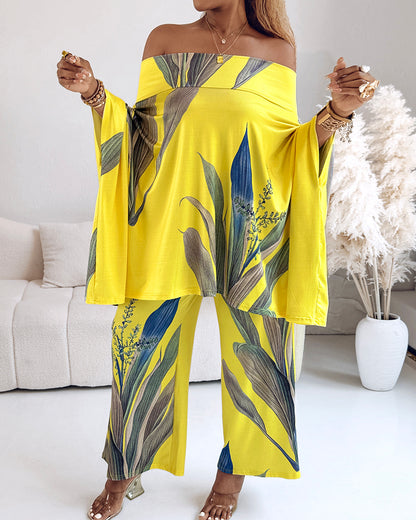 2 Pieces Outfit Plants Print Cold Shoulder Batwing Sleeve Top and Casual Wide Leg Pants Set