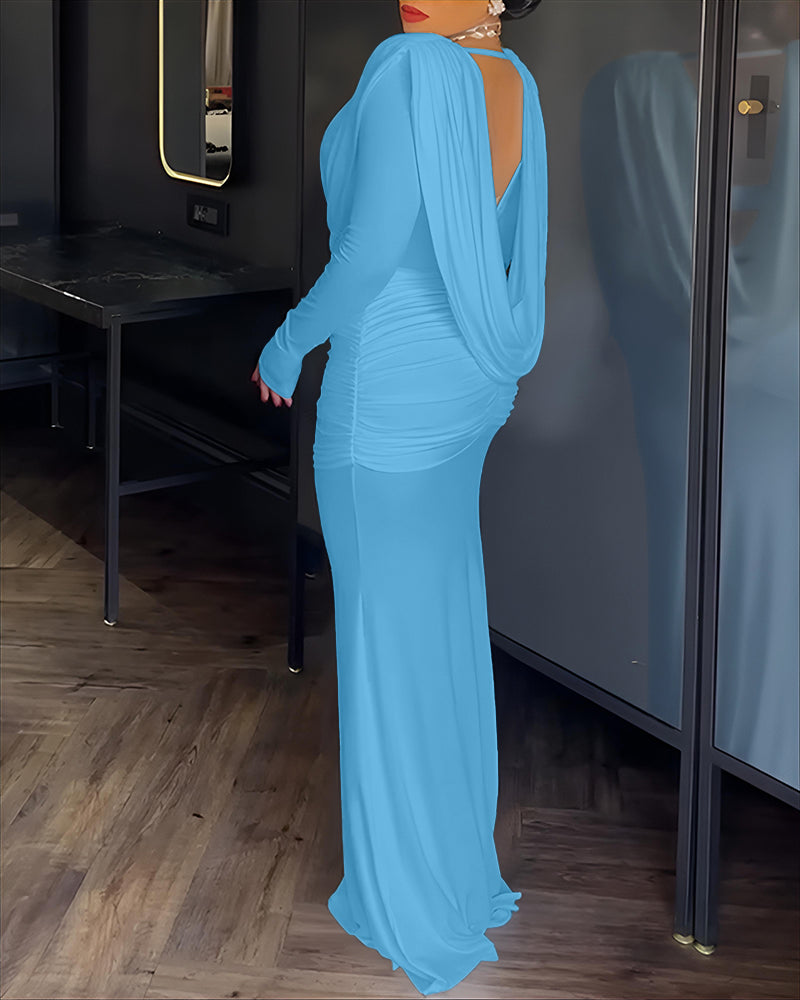 Cowl Neck Ruched Zipper Back Slim Fit Maxi Dress Casual Padded Shoulders Backless Evening Dress