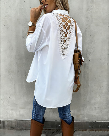 Turn-down Collar Long Sleeve Guipure Lace & Sheer Mesh Spliced Back Curved Hem Shirt Casual Button Front High-Low Hem Top