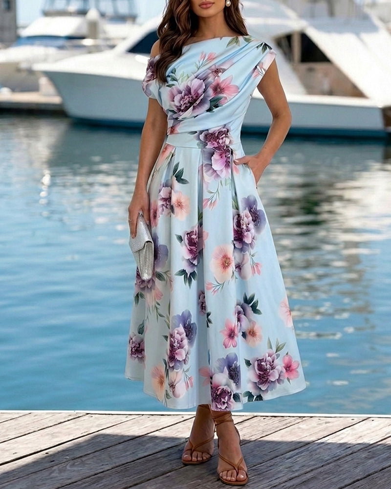 Women's Skew Neck Midi Dress Elegant Ruched Floral A-Line Dress High Waisted Vacation Dress with Pockets 1 Women's Skew Neck Midi Dress Elegant Ruched Floral A-Line Dress High Waisted Vacation Dress with Pockets