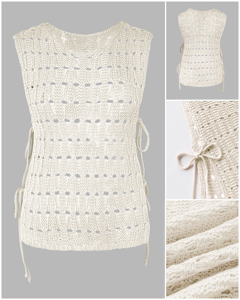 Round Neck Sleeveless Hollow-out Crochet Sweater Casual Tie Side Breathable Crop Top