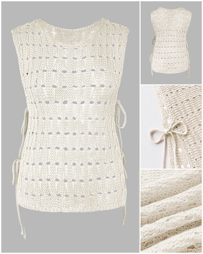 Round Neck Sleeveless Hollow-out Crochet Sweater Casual Tie Side Breathable Crop Top