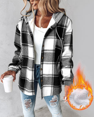 Chaqueta de cuadros de manga larga con botones, capucha y forro polar; abrigo cálido