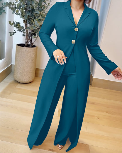 Notched Collar Long Sleeve Button Front Jumpsuit Casual Cinched Waist Wide Leg Faux Two Piece Jumpsuit