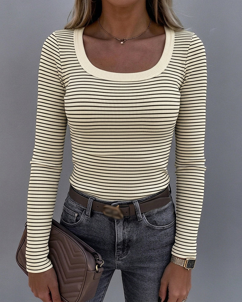 Women's Striped U-Neck Long Sleeve Slim Fit Ribbed Knit Top Casual Layering Top