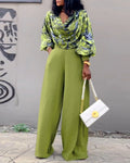 2 Pieces Outfit Abstract Print Cowl Neck Lantern Sleeve Stretchy Hem Crop Top and Casual Zipper Side Ruched Wide Leg Pants Set