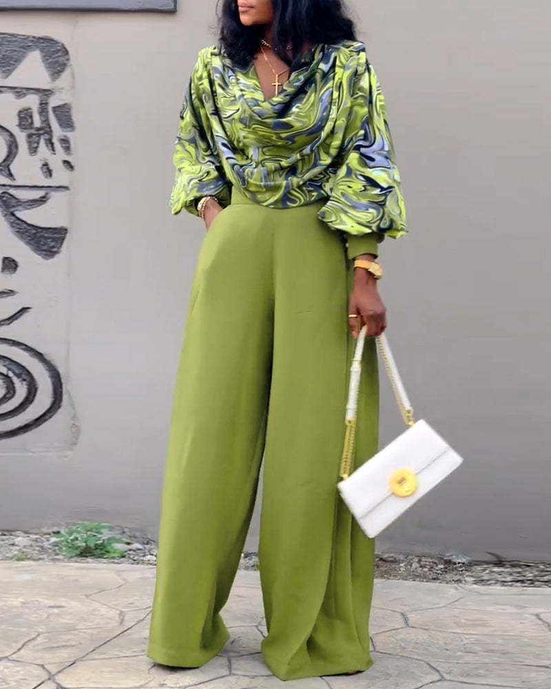 2 Pieces Outfit Abstract Print Cowl Neck Lantern Sleeve Stretchy Hem Crop Top Casual Zipper Side Ruched Wide Leg Pants Set