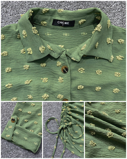 Large Swiss Dot Stand Collar Long Sleeve Chiffon Shirt Dress Casual Button Design Mini Dress