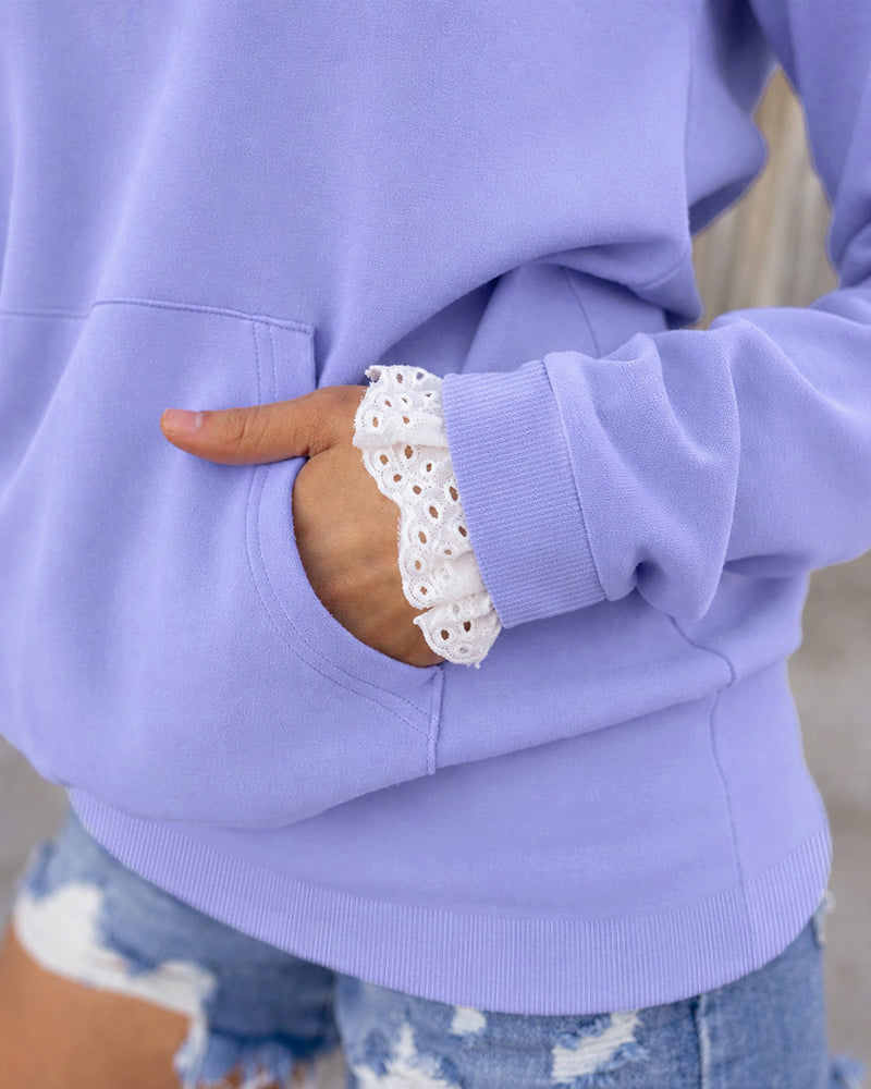 Women's Lace Trim Hoodie Pullover V Neck Long Sleeve Sweatshirt Loose Fit Kangaroo Pocket Top