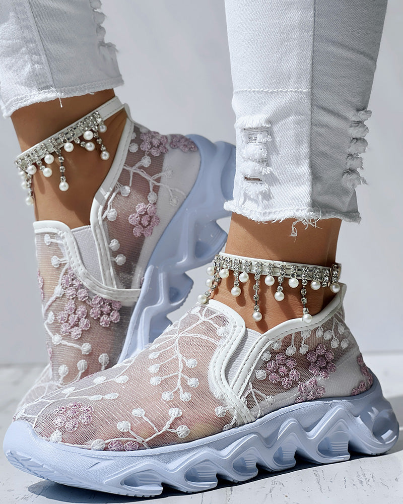 Floral Pattern Sheer Mesh Patch Round Toe Sneakers