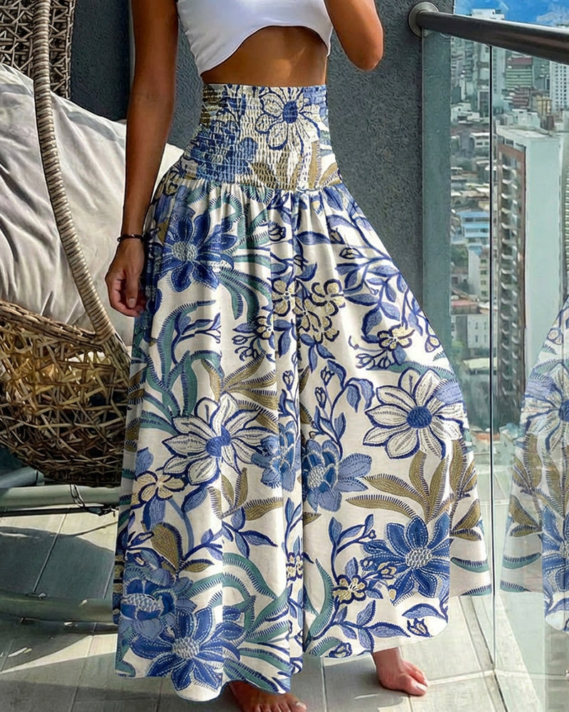Vintage Floral Print High Waist Shirred Elastic Waist Wide Leg Pants