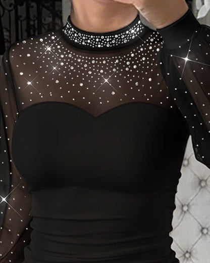 Rhinestone Decor Mock Neck Lantern Sleeve Sheer Mesh Spliced Tee Hollow-out Back Slim Fit Top