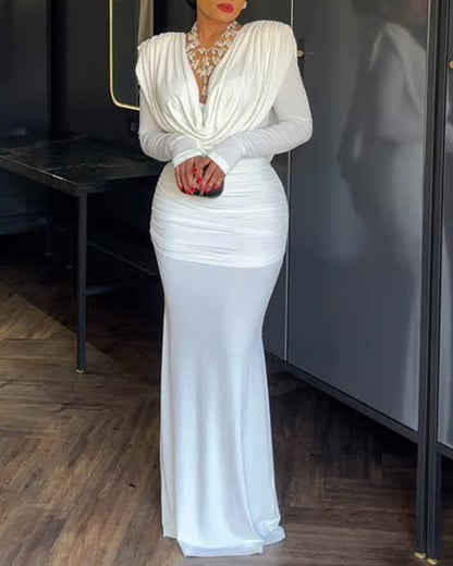 Cowl Neck Ruched Zipper Back Slim Fit Maxi Dress Casual Padded Shoulders Backless Evening Dress