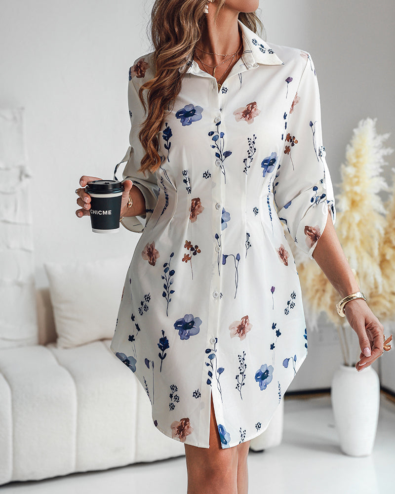 Watercolor Floral Print Turn-down Collar Turn-Up Sleeves Shirred Back Shirt Dress Casual Button Down Cinched Waist Asymmetrical Hem Vacation Dress