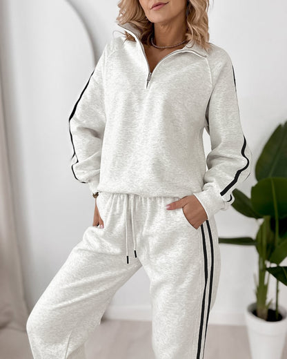 Women's Contrast Side Stripe Two Piece Sweatsuit Half Zip Sweatshirt and High Waisted Joggers Set Casual Tracksuit