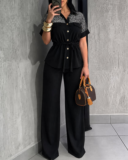 Women's 2 Piece Outfits Sequin Mesh Patchwork Drawstring Top and Wide Leg Pants Set